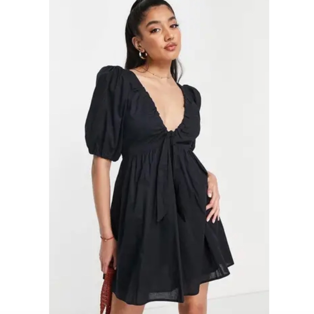 Abercrombie & Fitch Tie Front Puff Sleeve Babydoll Black Mini Dress